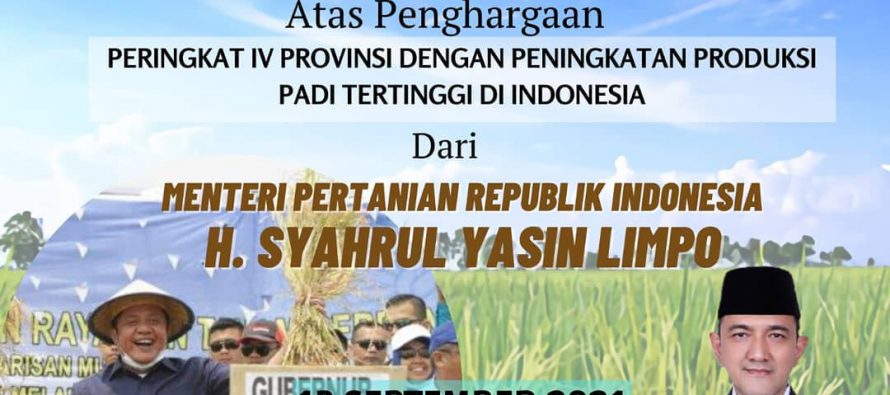 Selamat dan Sukses kepada Prov Sumatera Selatan Atas Penghargaan Peringkat IV Provinsi dengan Peningkatan Produksi Padi Tertinggi di Indonesia